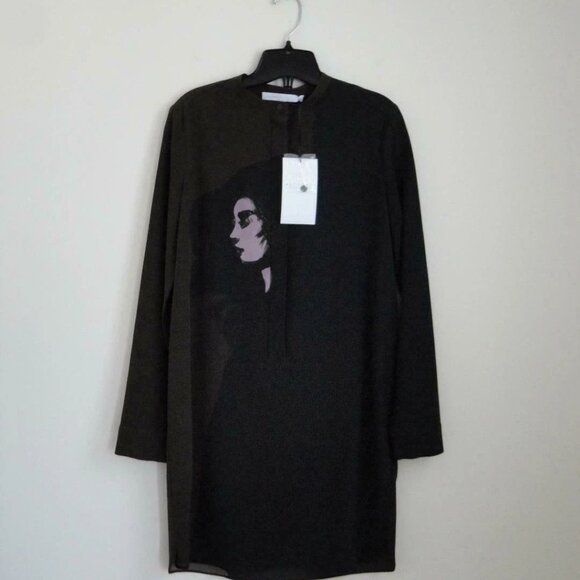 NWT VICTORIA BECKHAM Black Moss Green Printed Silk Crepe Long Sleeve Dress 42/6 - Picture 8 of 9